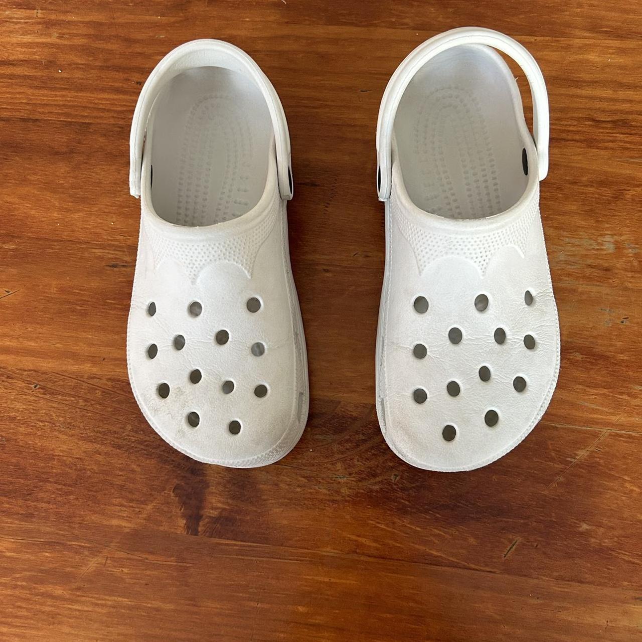 Crocs Men's White and Black Slides | Depop