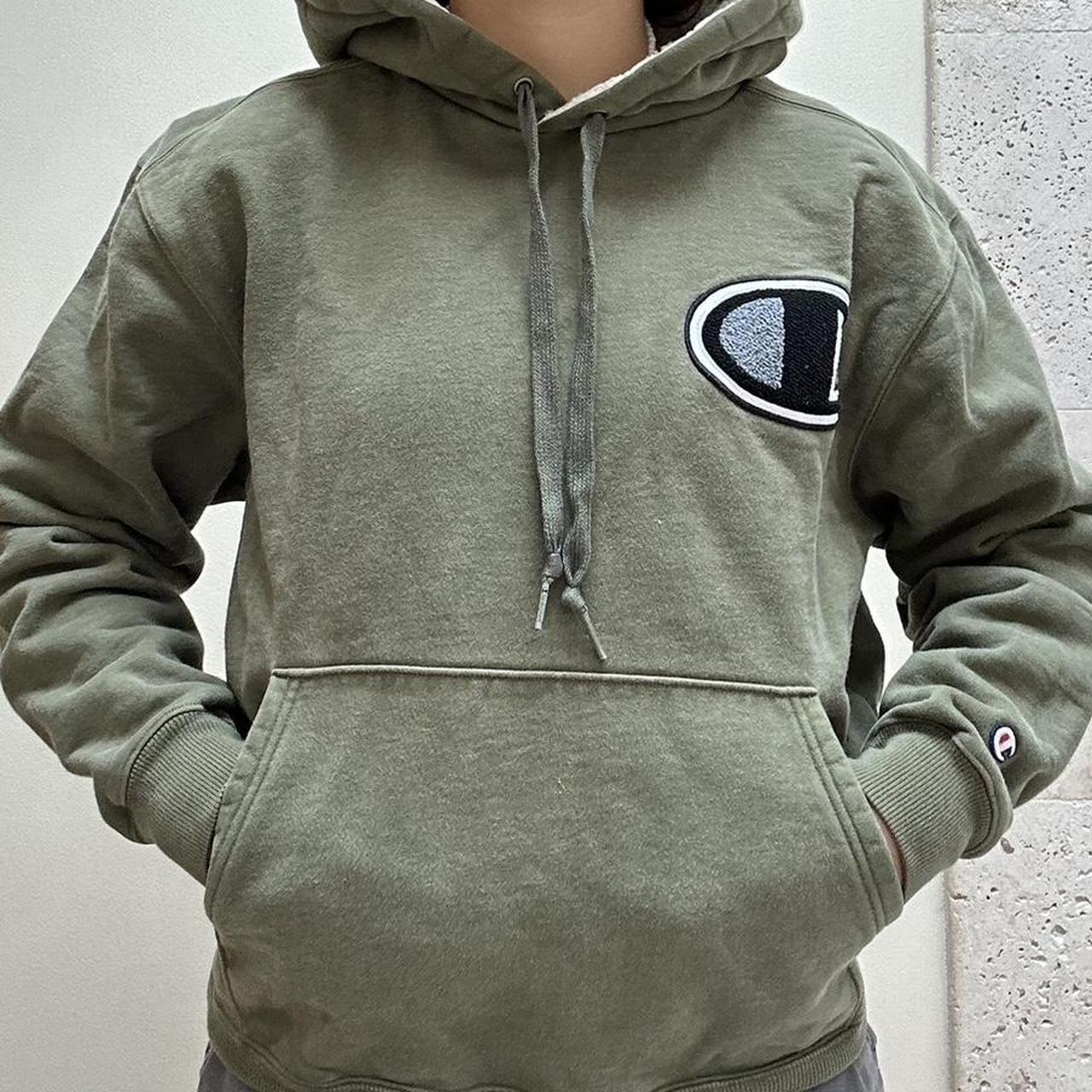 green Champion weave logo and sherpa hood green. Depop