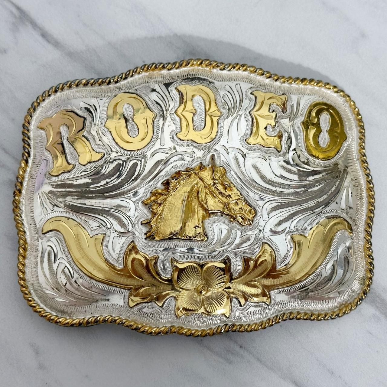 VINTAGE COWBOY WESTERN RIDING BELT BUCKLE ALPACA, MEXICO