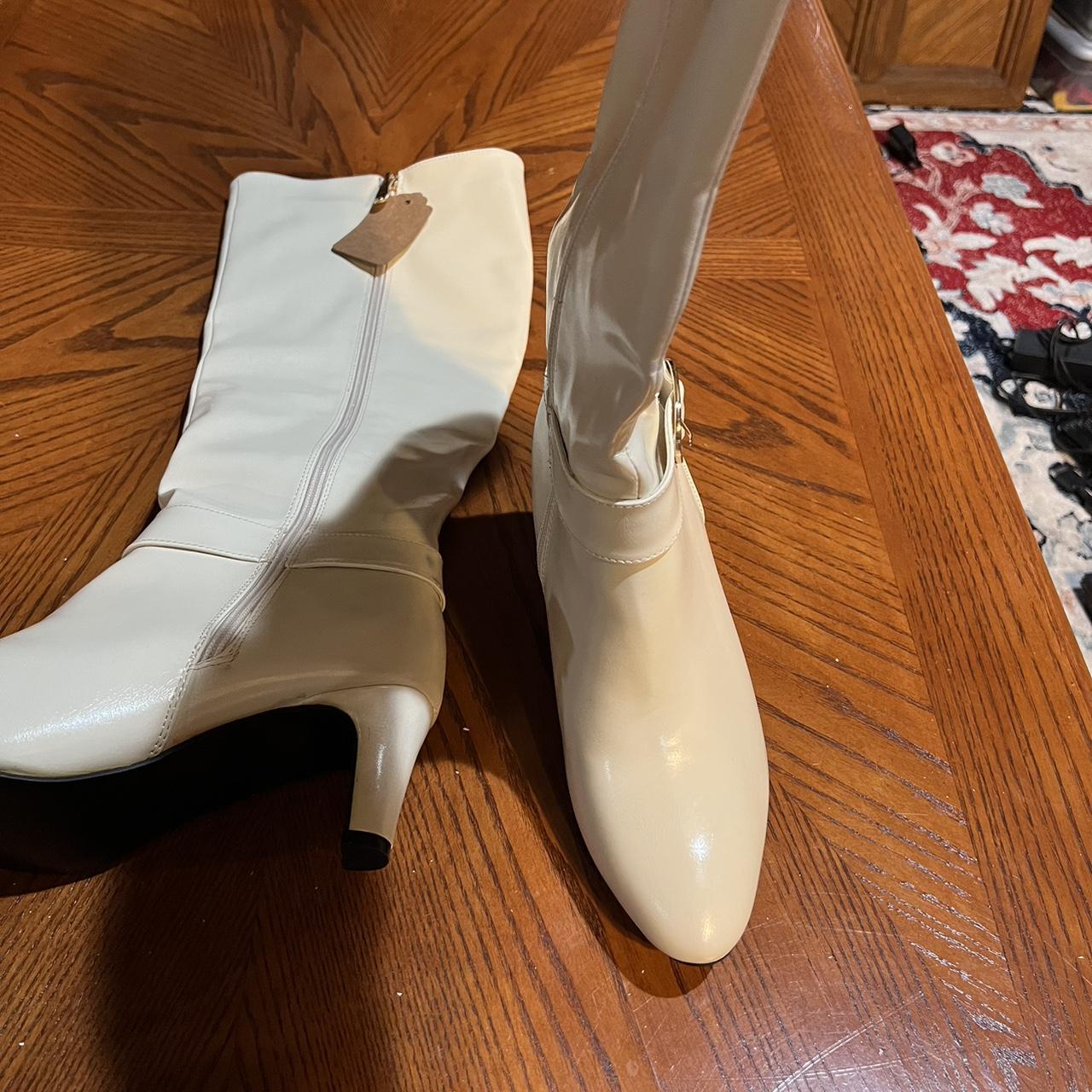 vintage white mini heel calf high boots... Depop