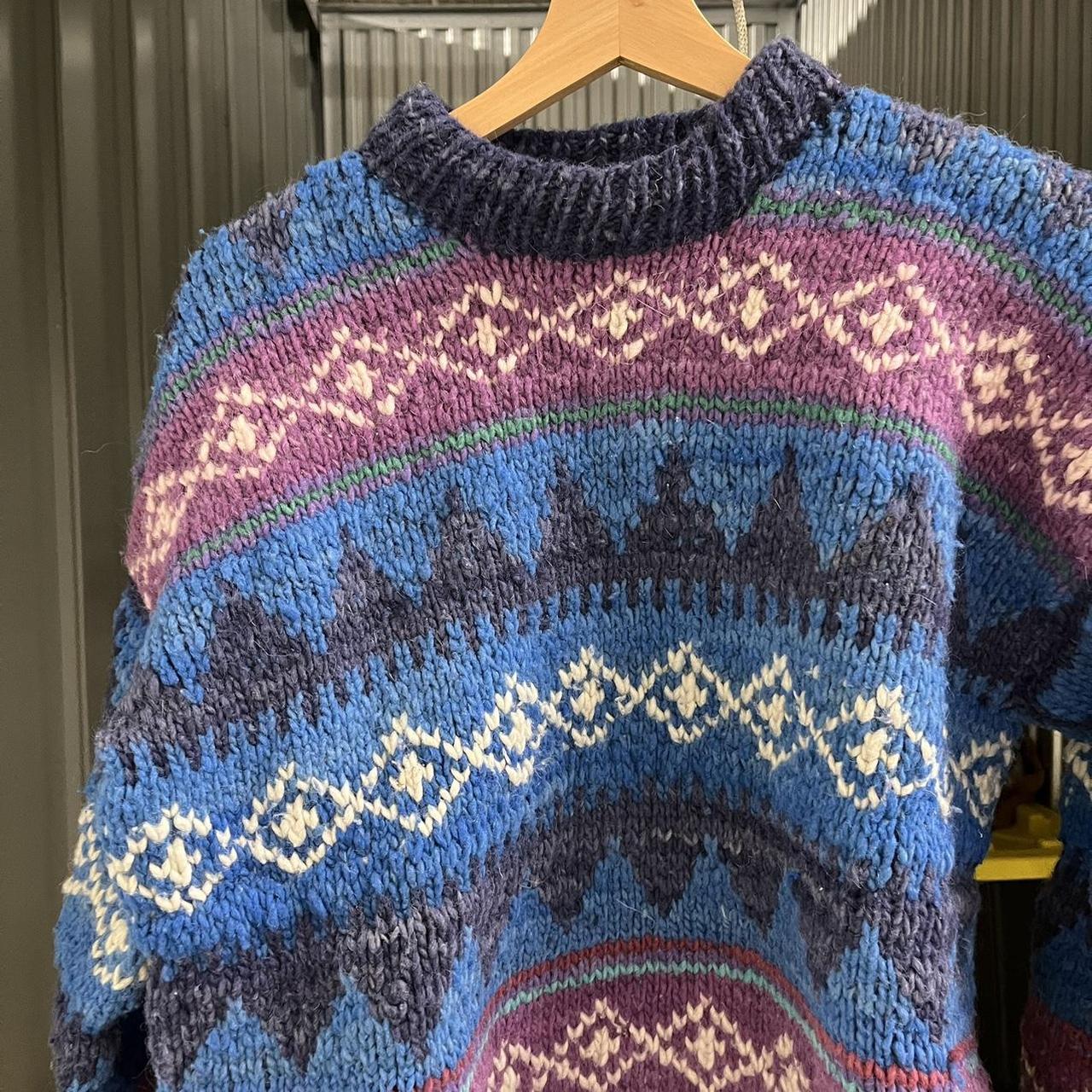 Vintage 90's hand knit wool made in Ecuador striped... - Depop