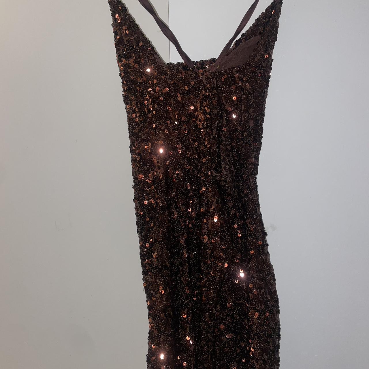 Meshki Brown Sequin Dress. Cowl neck Crisscross... - Depop