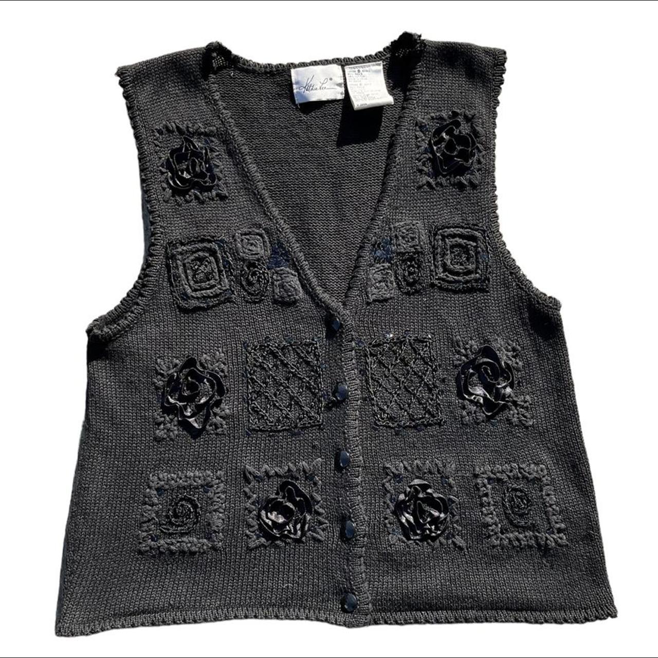 Vintage 90s Black Knit Embroidered Sweater Vest... - Depop