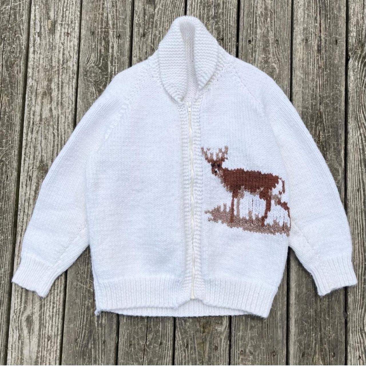 Vintage 1960s White Knit Deer Zip Up Sweater Vintage 1960s White Knit Deer Zip Up Sweater