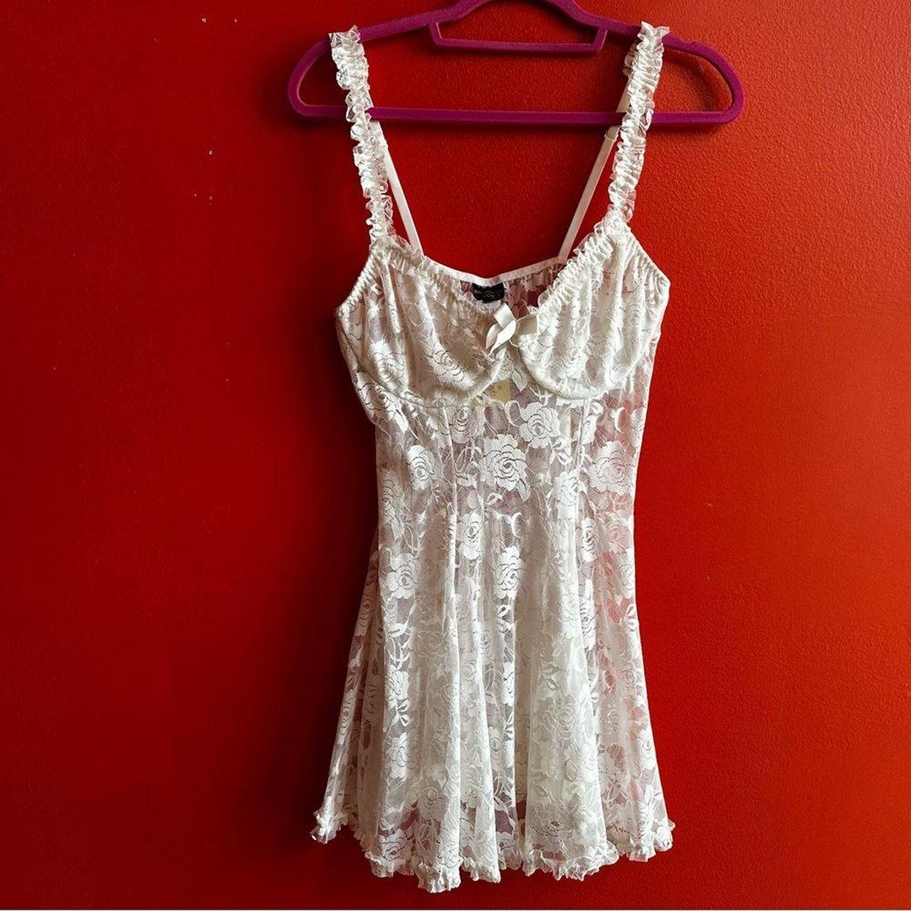 Vintage sheer white lace slip dress with ruffles... Depop
