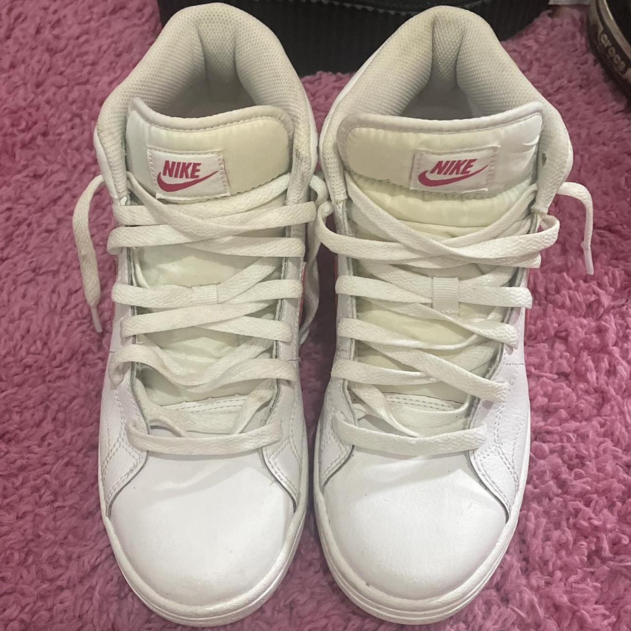 white and pink nike court royale size 7 laces need... - Depop