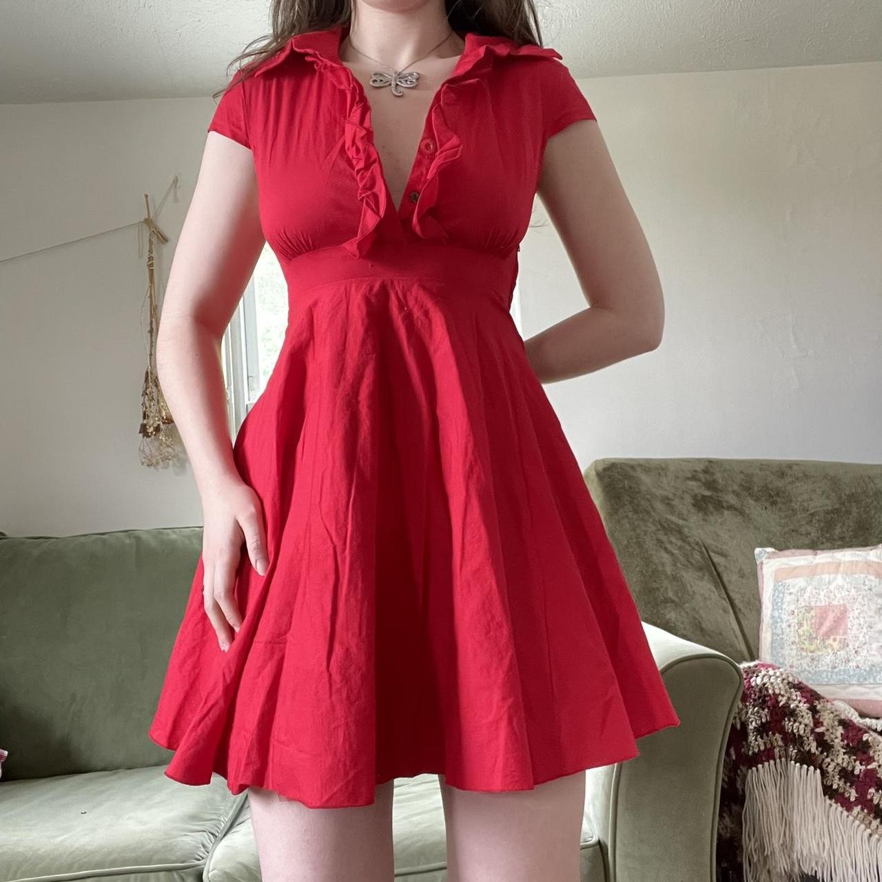 1950s Red V Neck Pleated Swing Dress 3270 1950s Red V Neck Pleated Swing Dress 3270