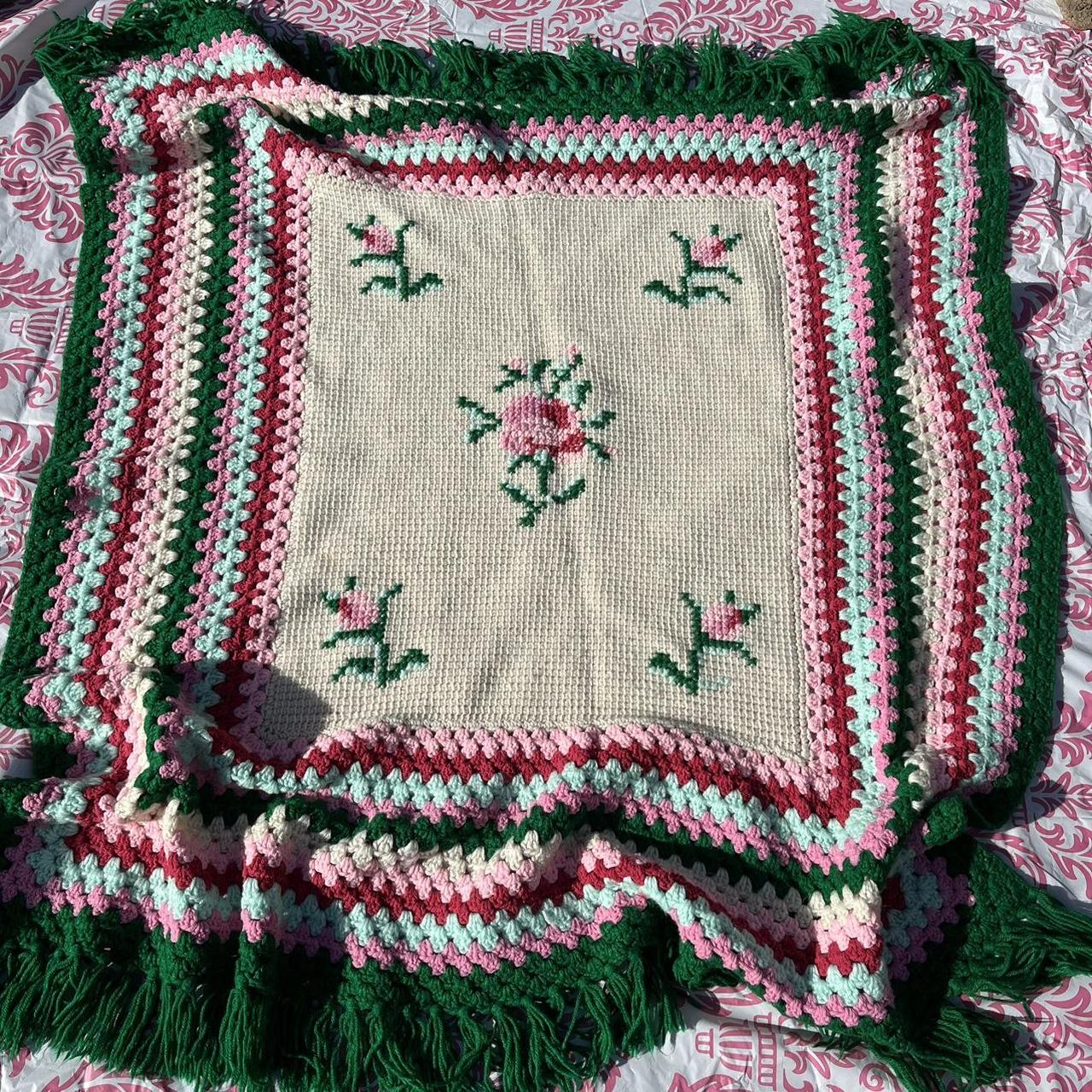 white green pink and red roses crochet knit handmade... - Depop