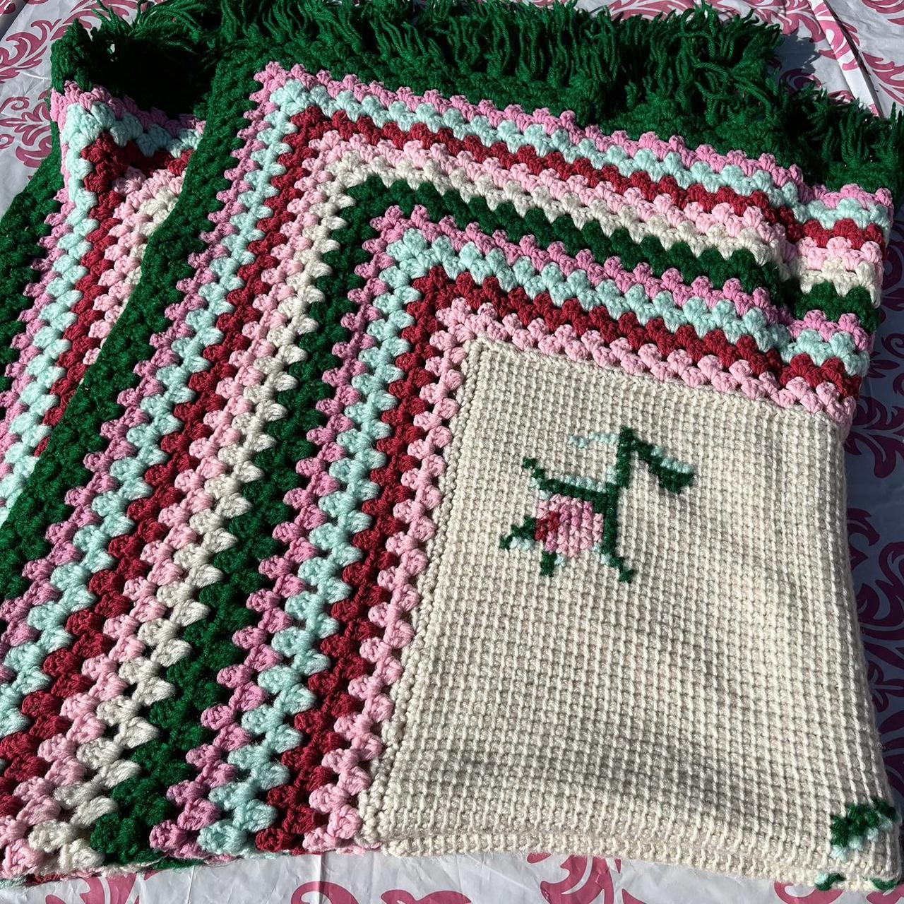 white green pink and red roses crochet knit handmade... - Depop