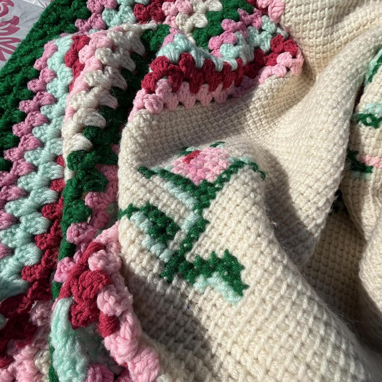 white green pink and red roses crochet knit handmade... - Depop