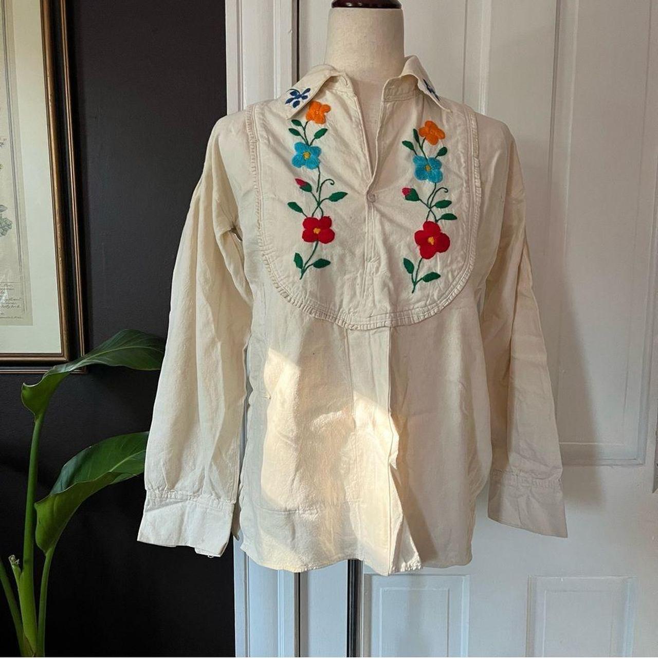 Vintage Long Sleeve Cotton Blouse Floral Embroidered... - Depop