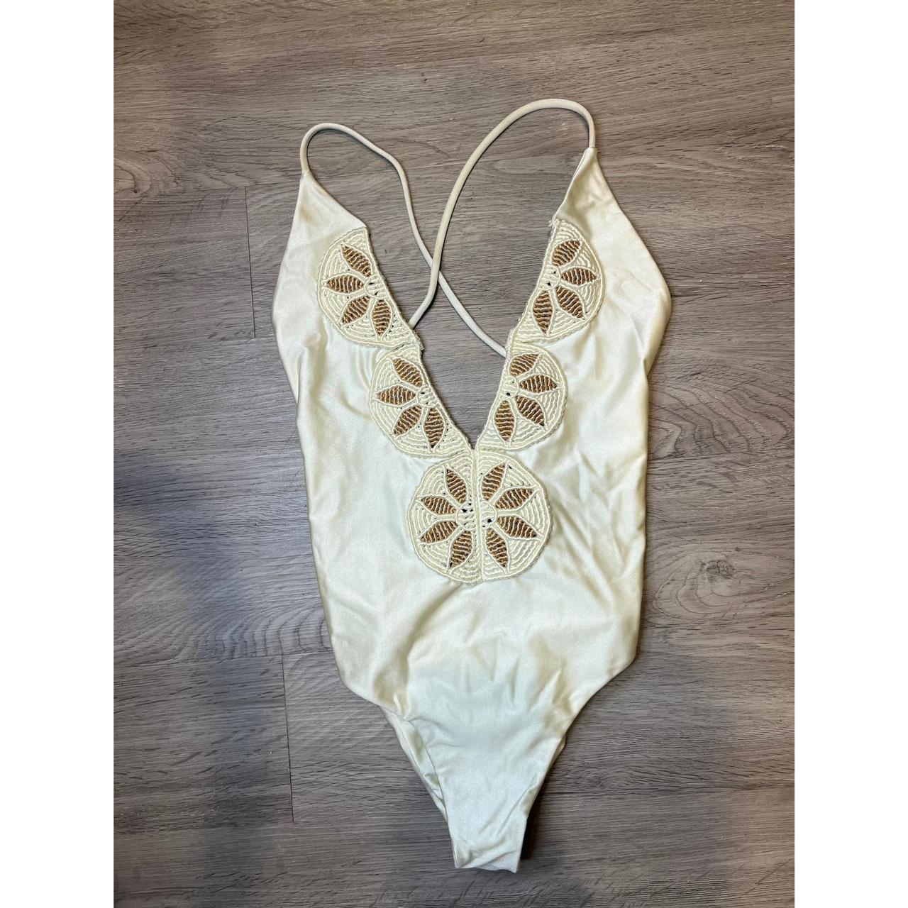 Tularosa Women's Tan and White Swimsuitonepiece Depop