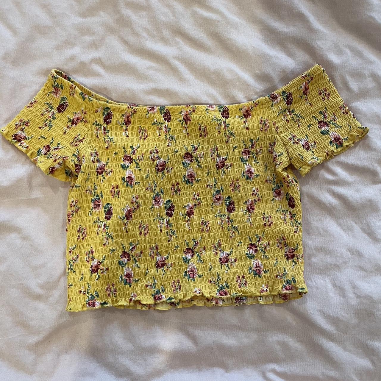 off the shoulder ribbed yellow and roses cropped... Depop