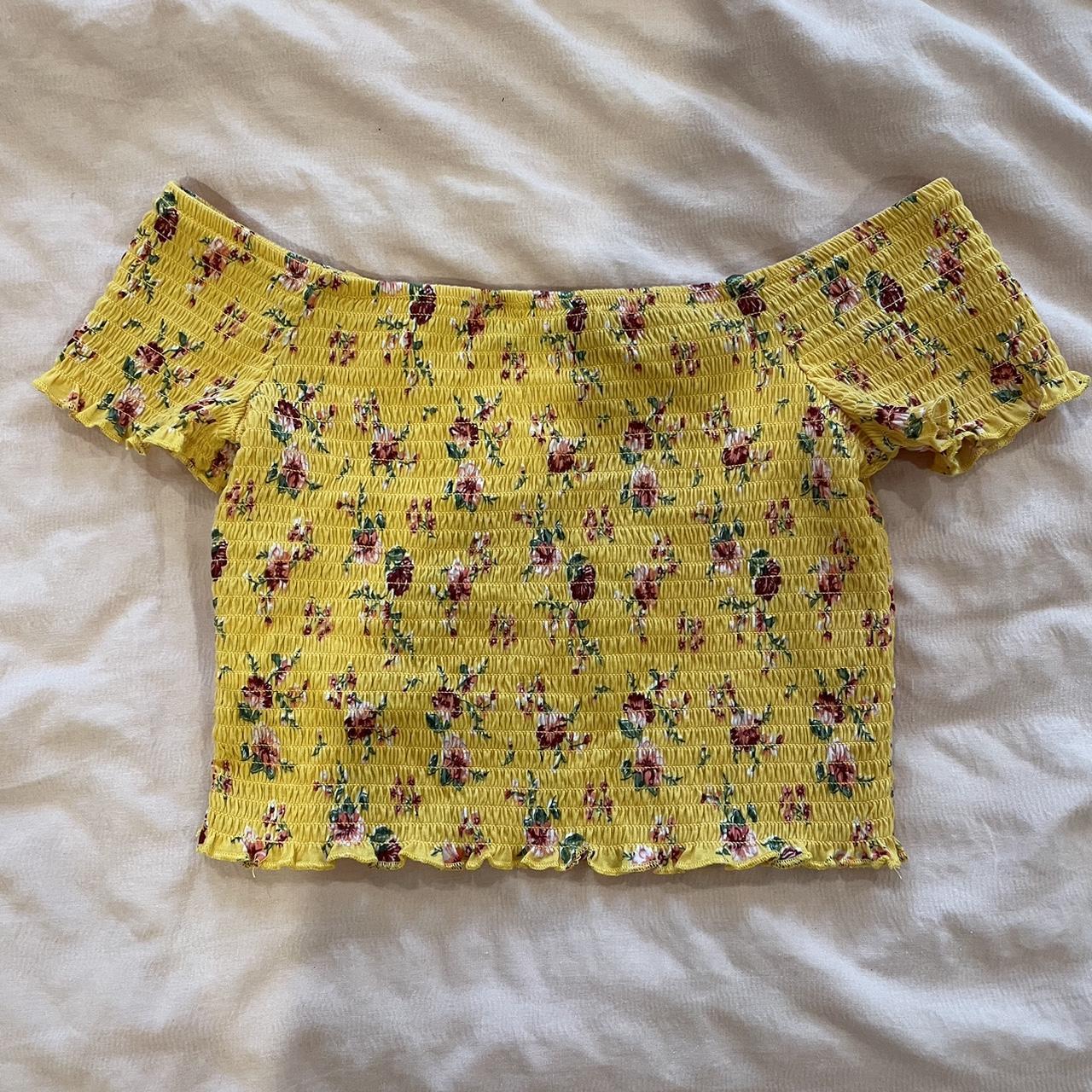 off the shoulder ribbed yellow and roses cropped... Depop