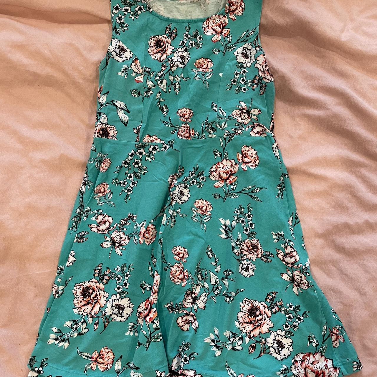 green floral mini dress. super stretchy fits size... - Depop