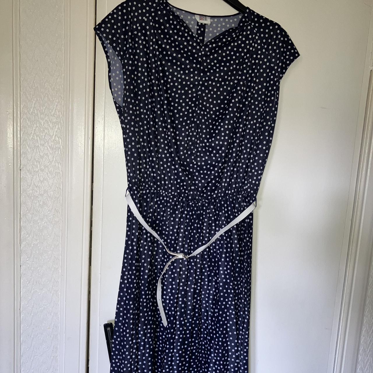 Navy dress with white polka dots Long, pleated... - Depop