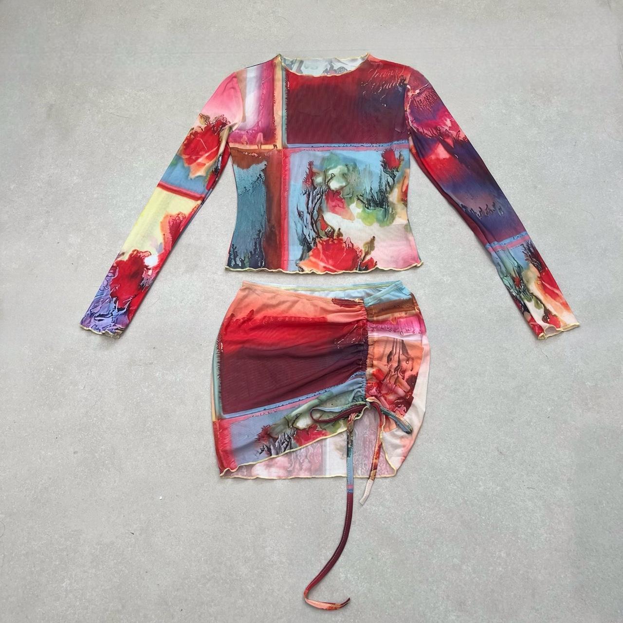 colourful printed mesh long sleeve top and