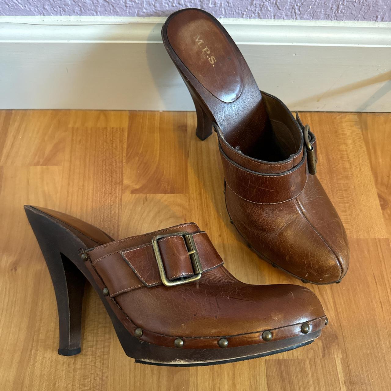 brown leather wooden high heel Depop