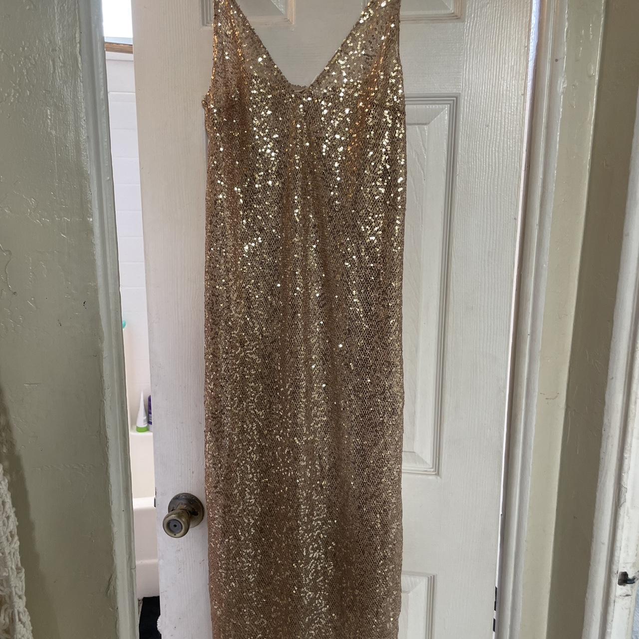 Fishnet gold sequin midi/maxi dress with left side... - Depop