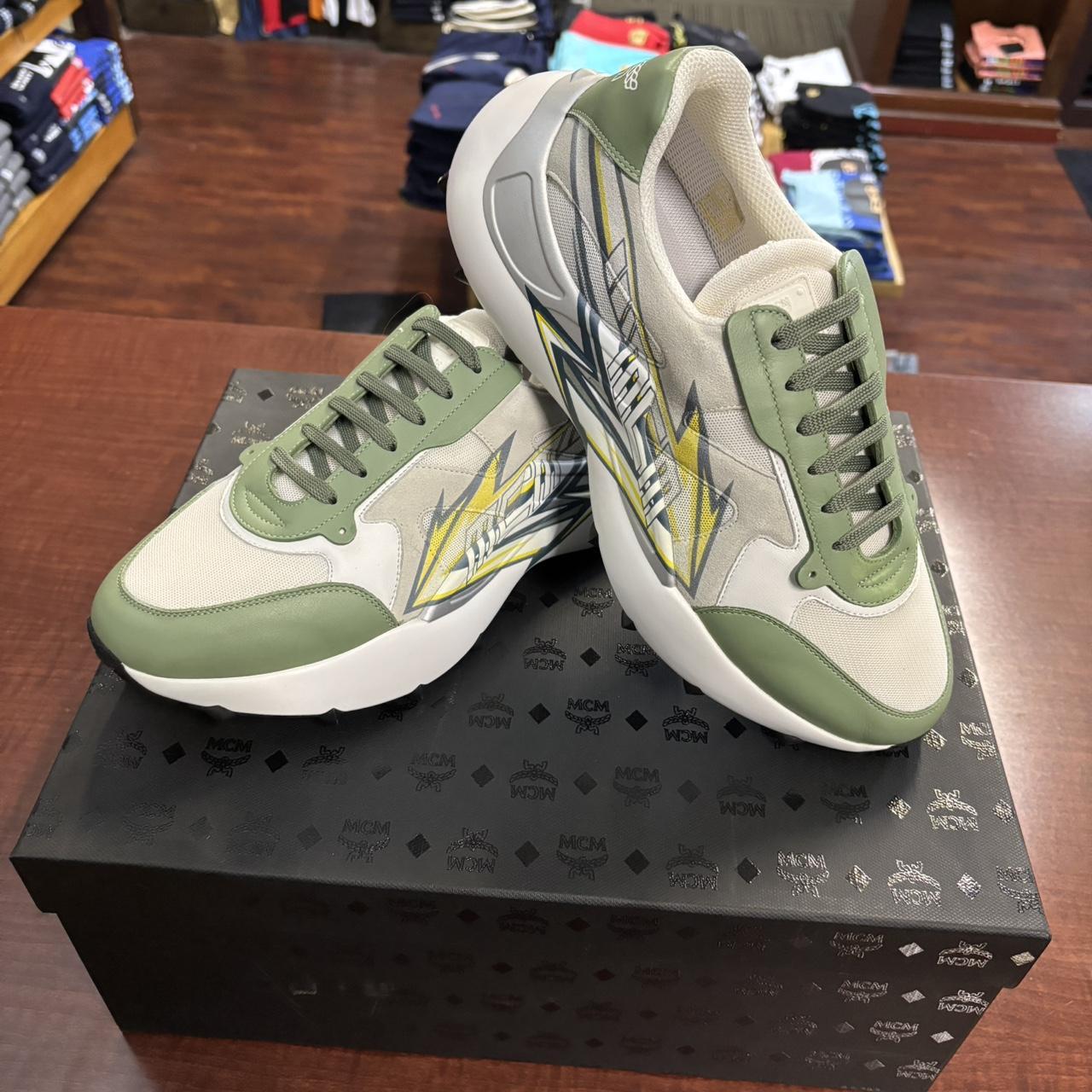 MCM Men's Skystream Sneakers in MCMotor Leather Green - Depop