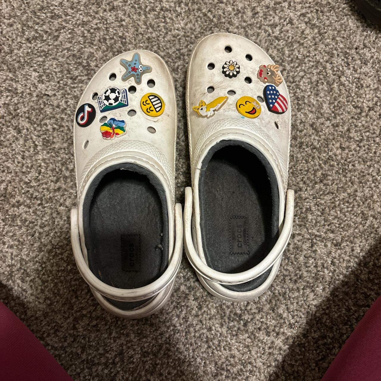 White crocs with grey fur hotsell