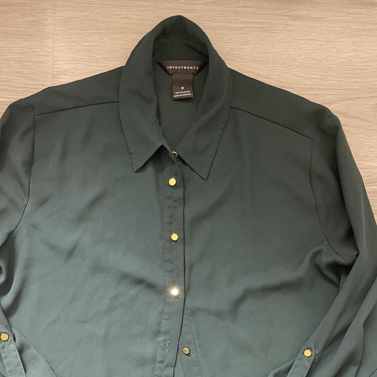 Emerald green collard gold button-up blouse Size:... - Depop