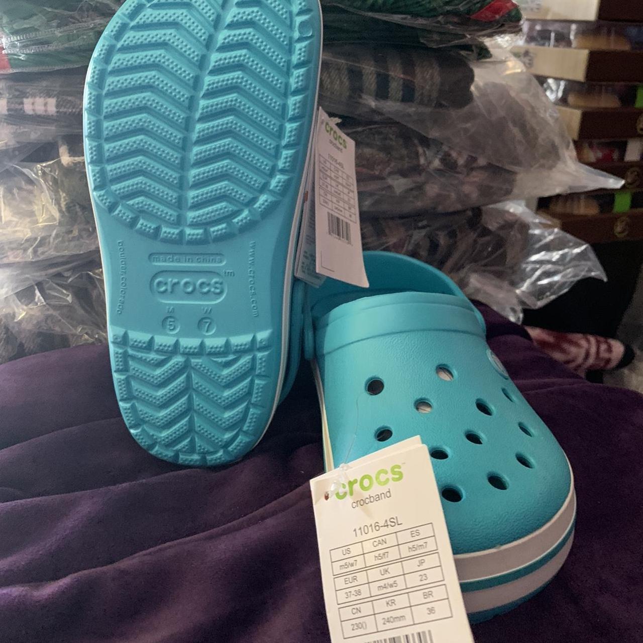 Brand new aqua blue crocs! Size: men 5 / women... - Depop
