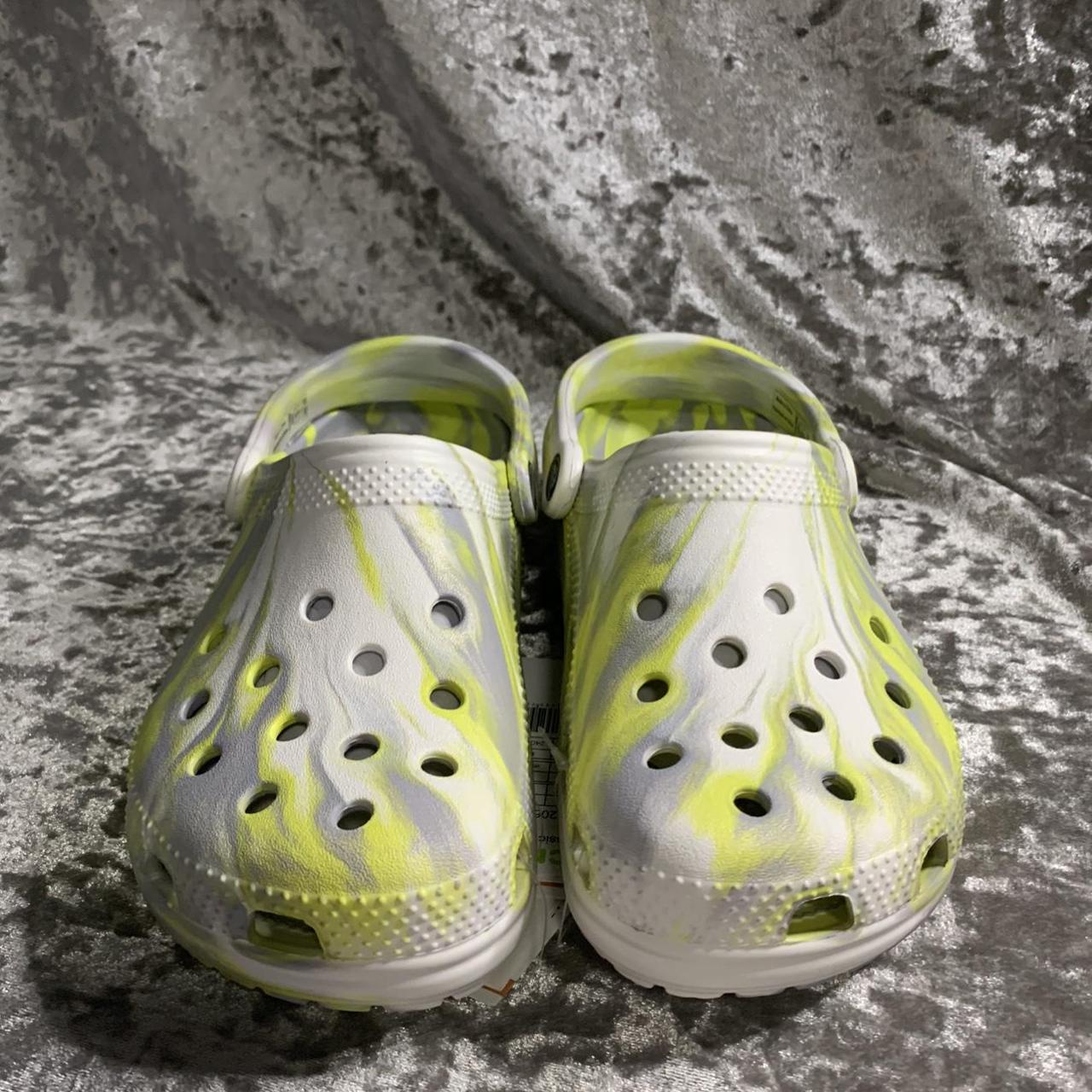 Brand new lime green crocs with white/grey tie dye - Depop