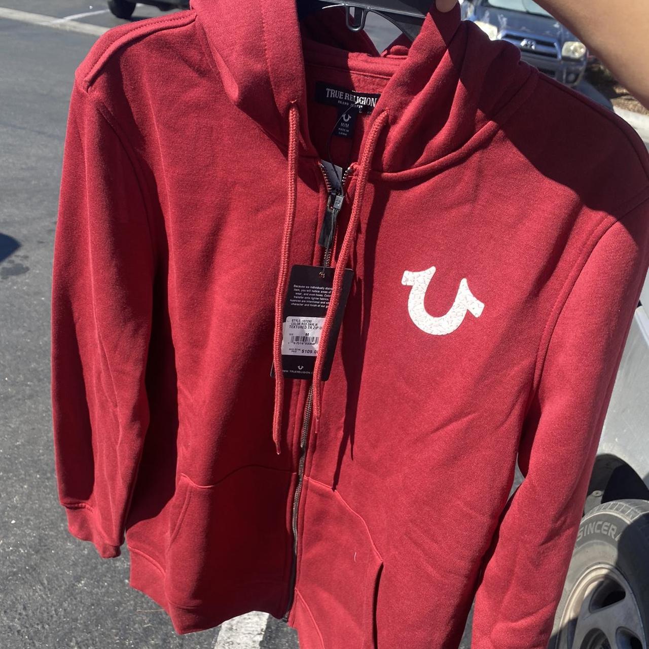 Medium red true religion hoodie zip up brand new - Depop
