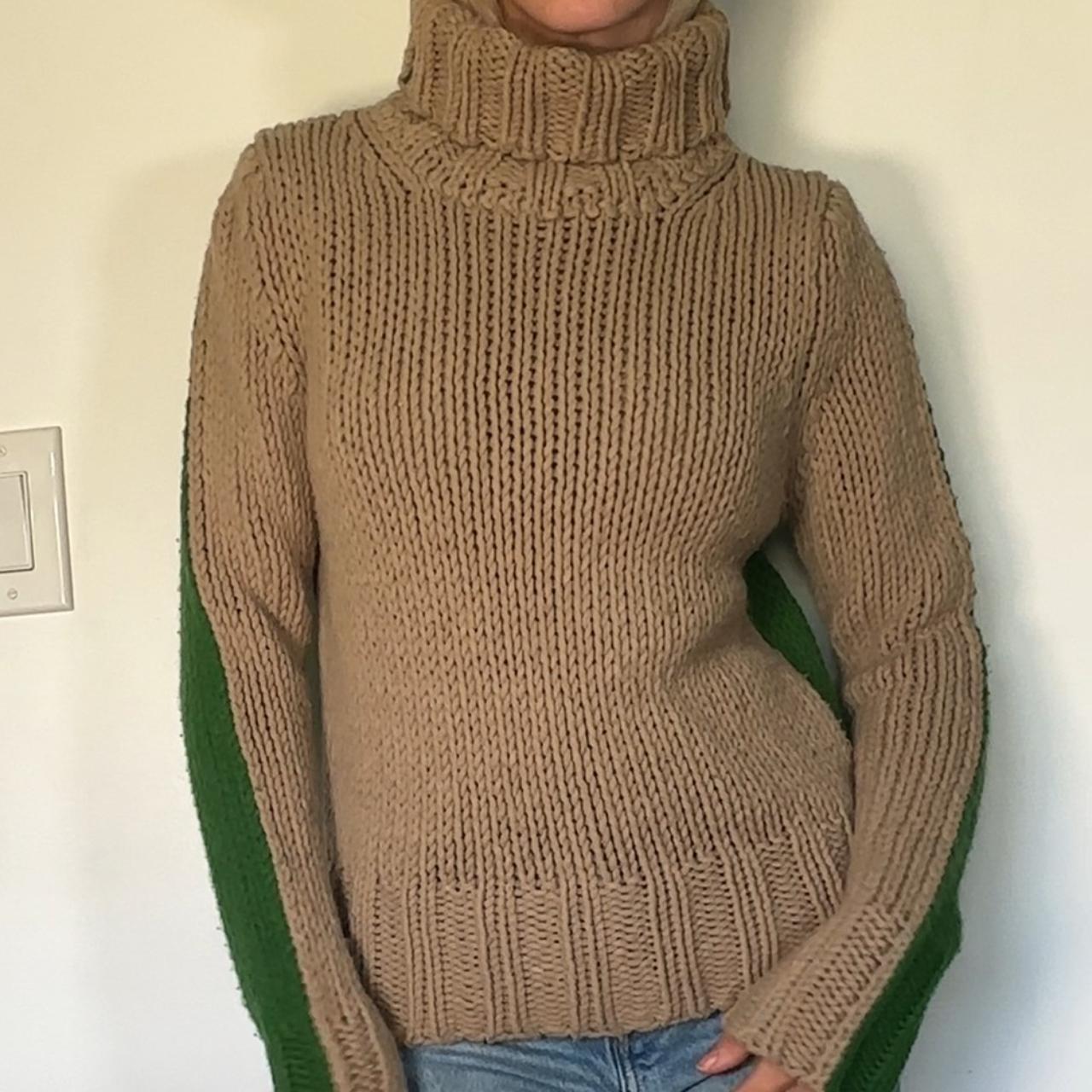 Sisley tan and green color block knit turtleneck... - Depop