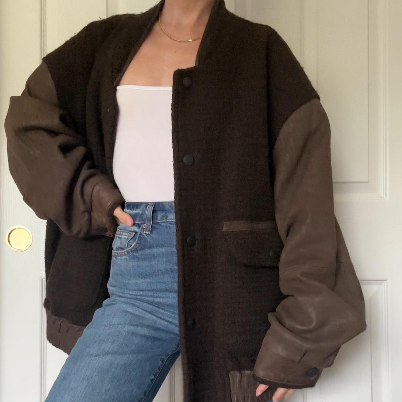 Jhane Barnes Brown Leather and Wool bomber. Depop