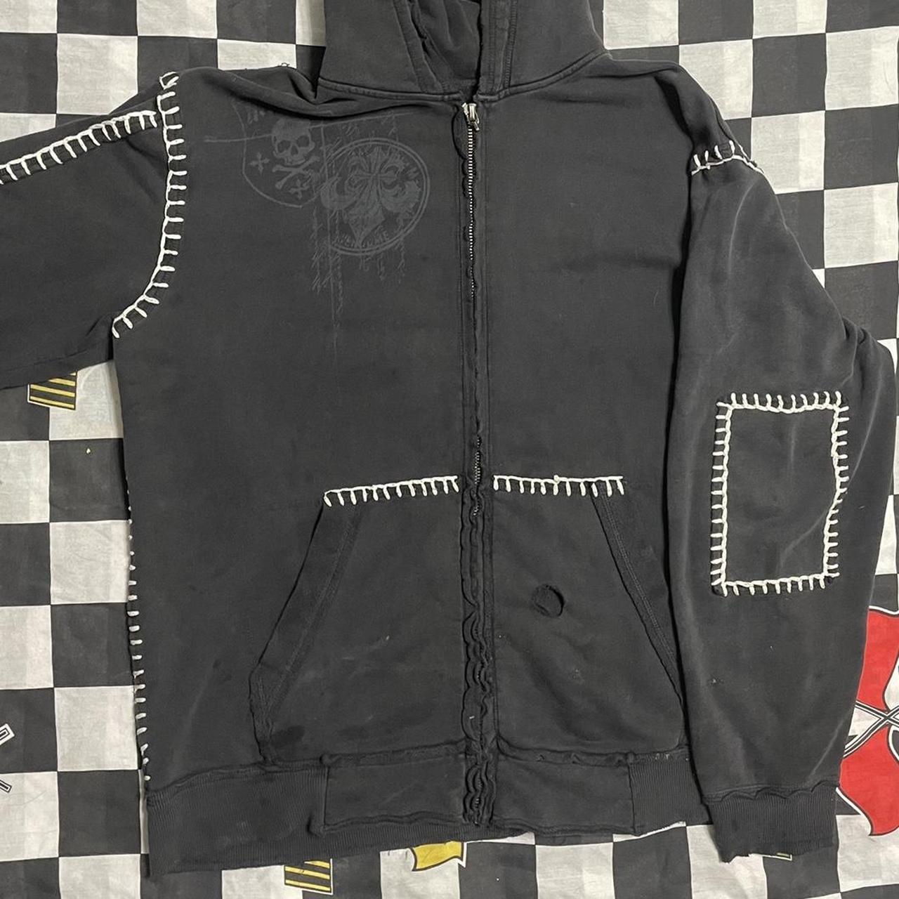 Affliction hoodie with white stitching throughout... - Depop
