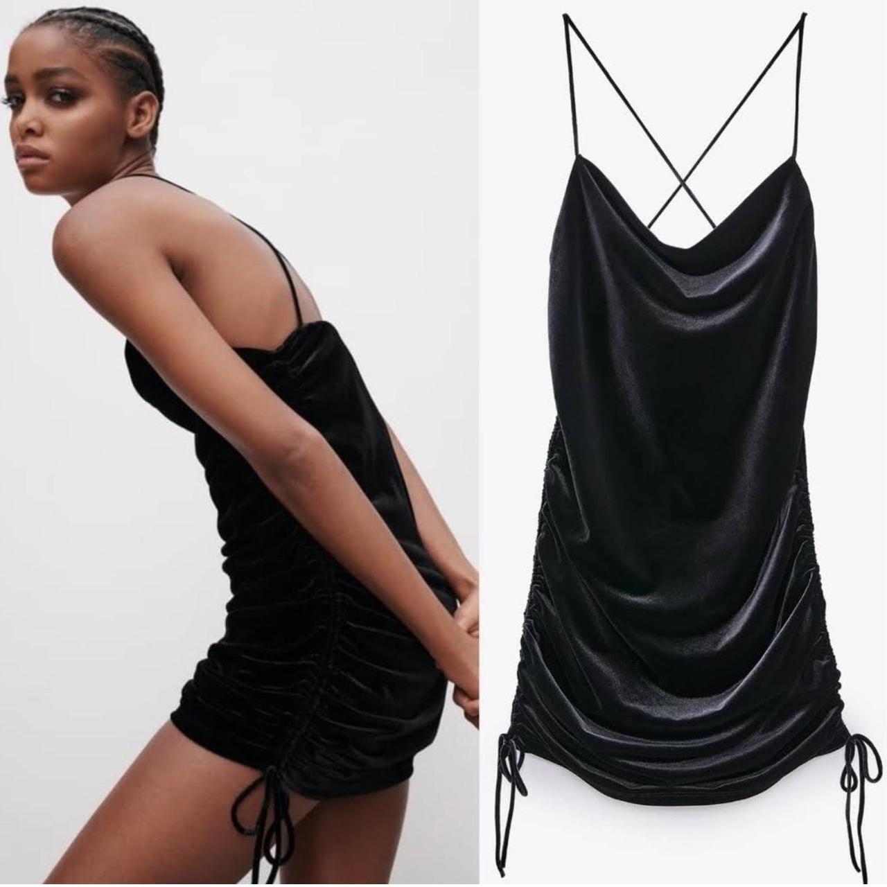 ZARA Black Ruched Draped Velvet Mini Dress Size... - Depop