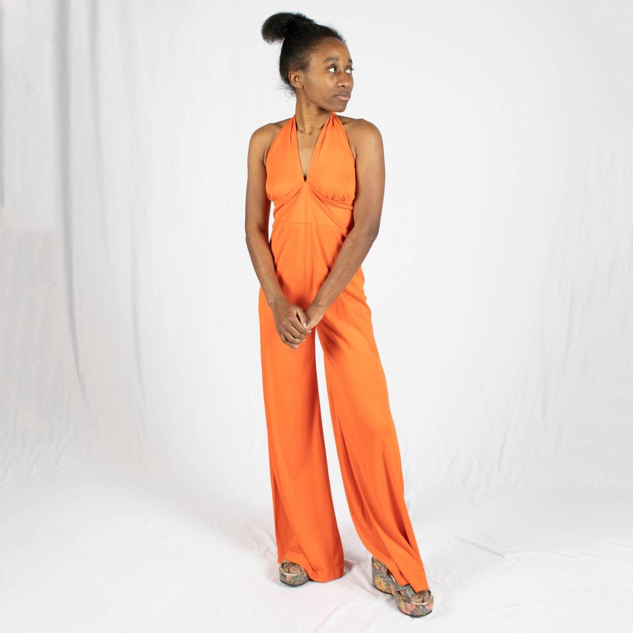 Semi Sheer Halter Neck Orange Jumpsuit ($28) ❤ liked on Polyvore featuring  jumpsuits, orange, halter neck j…