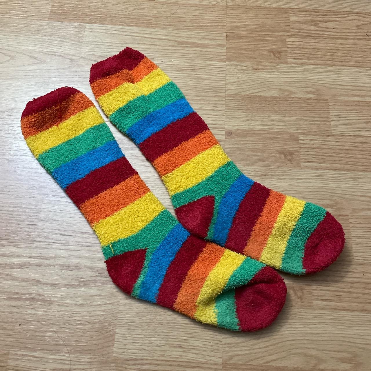 Rainbow fuzzy socks Women’s one size fits all... - Depop