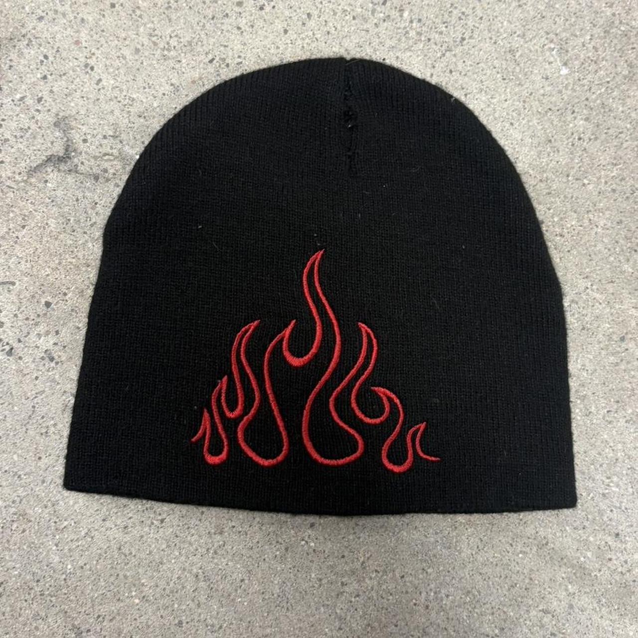 Men's Beanies - Black – Y2K black and red flame b… - image 1