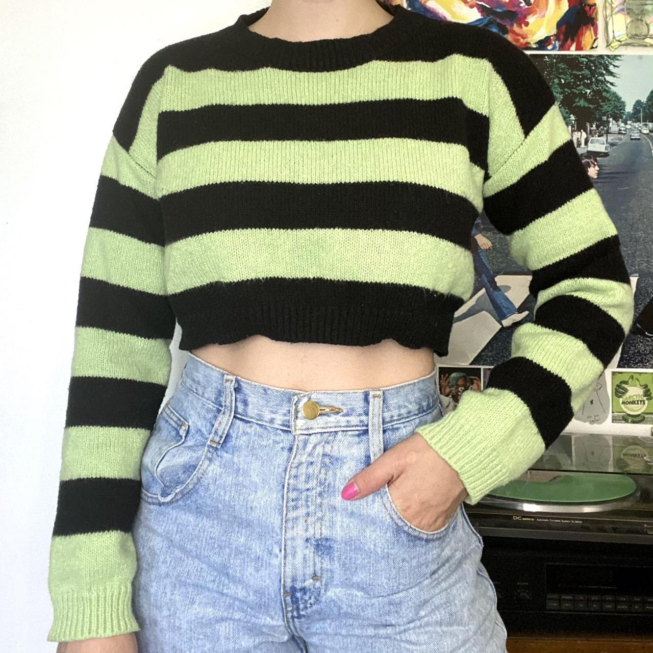 🐛 cropped green and black striped sweater 🐛 model... - Depop