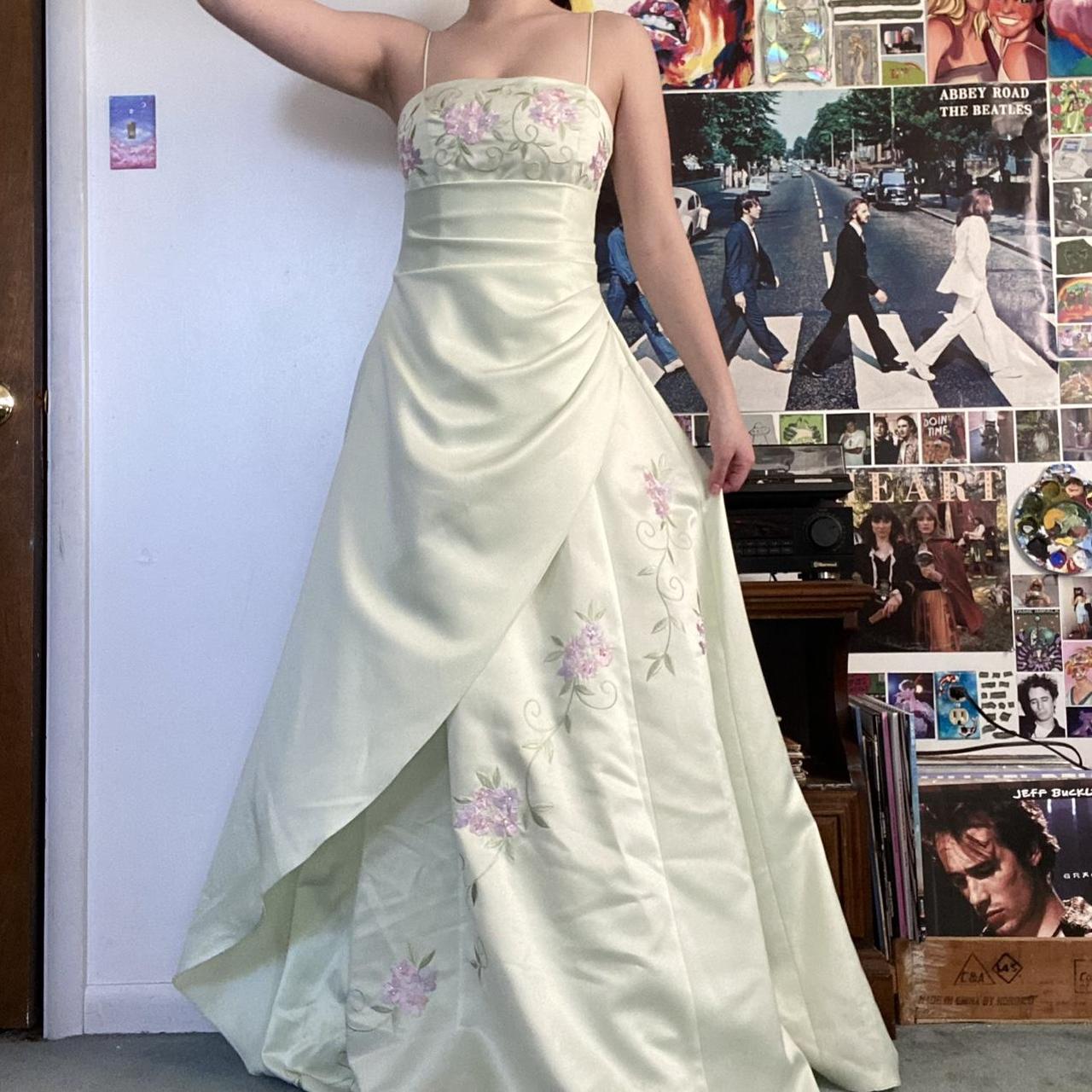 🌸 pastel green satin prom dress with floral... Depop