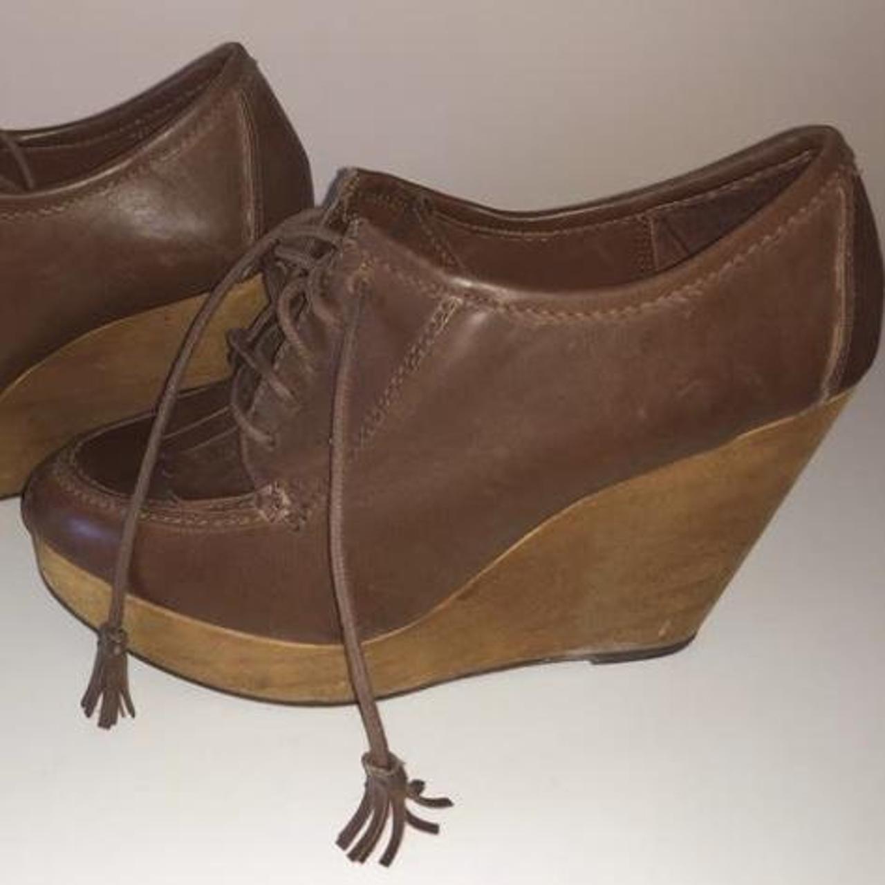 Vintage wooden wedge shoes, moccasin style in brown,... Depop