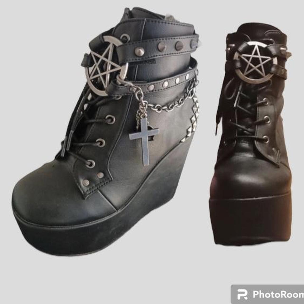 Demonia brand boots, with metal chains and central... - Depop