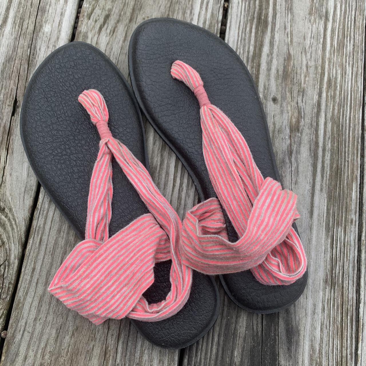 Sanuk pink and gray striped yoga sling sandals, size - Depop