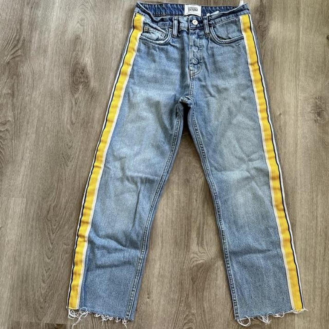 Denim jeans with yellow hot sale stripe