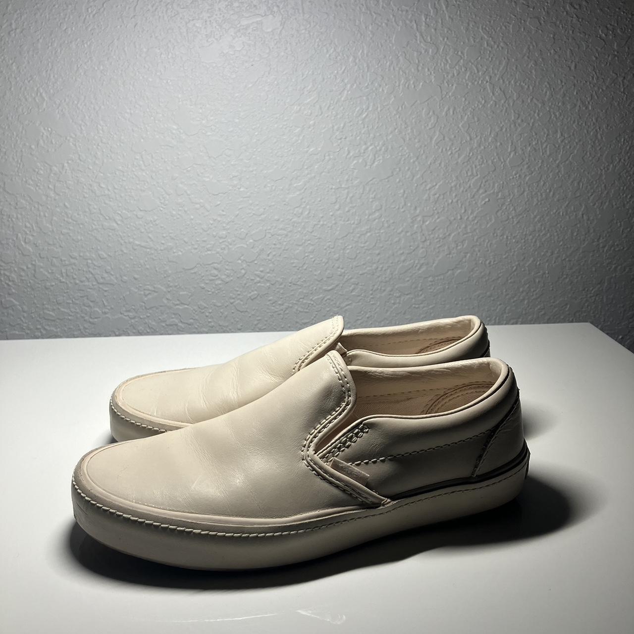 Beige leather Vans Slip ons with minor scuff at toe. Depop