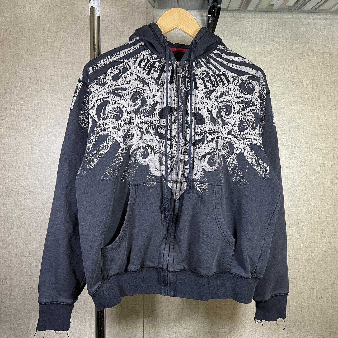 Affliction Men's Black and Grey Hoodie | Depop