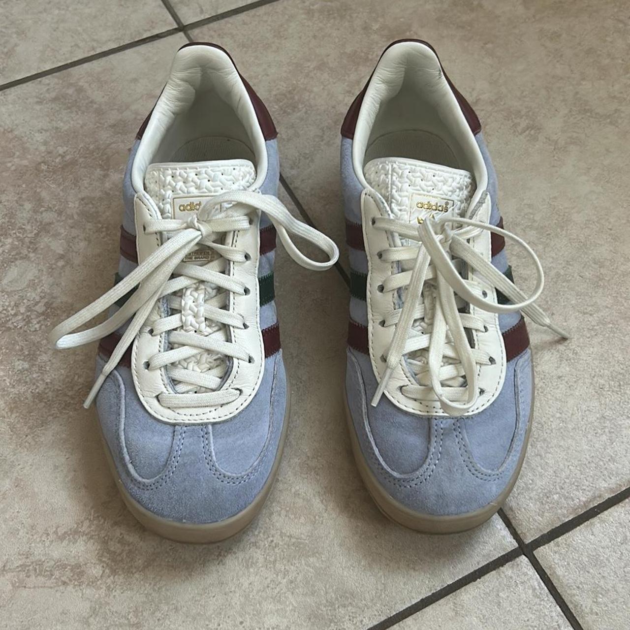 Adidas Gazelles In Blue Dawn   Collegiate Burgundy   - Depop