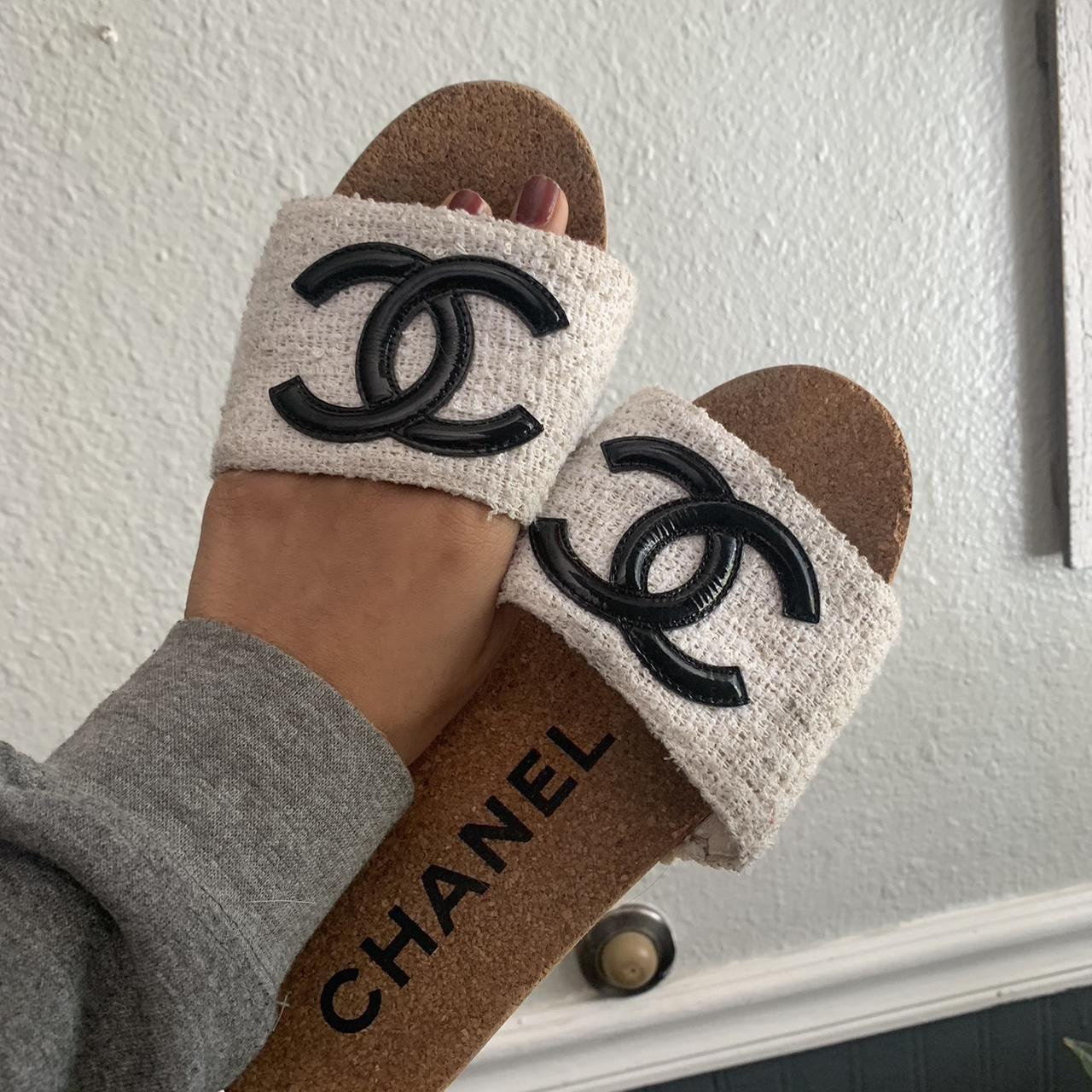 White and Pink Chanel Slippers Mink fur Brand new - Depop