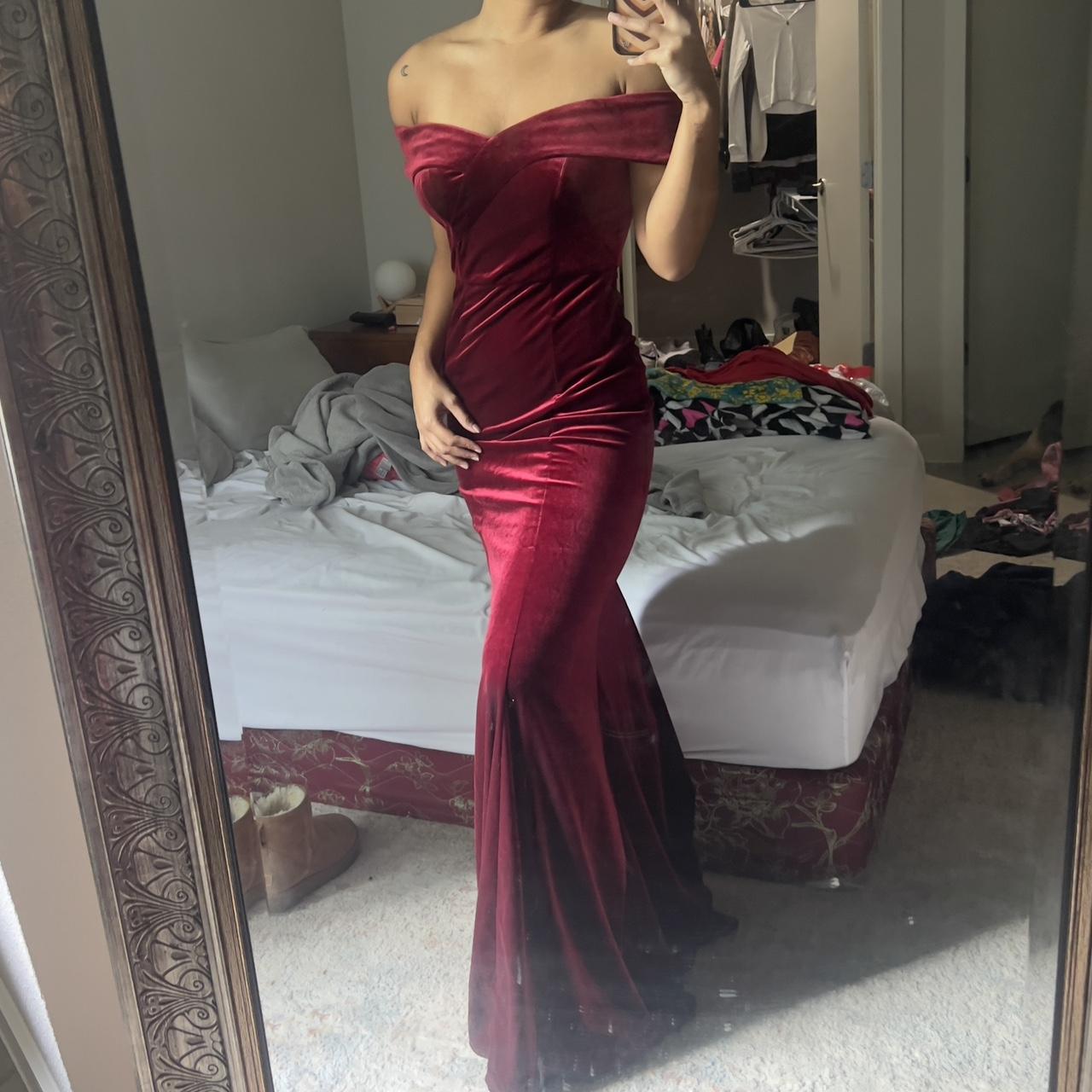 Burgundy Velvet Off-shoulder Gown Only Worn... - Depop