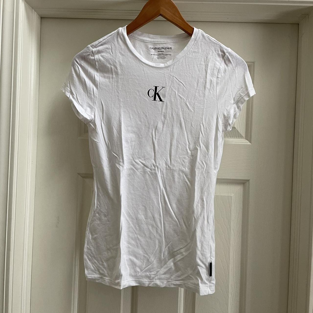 Calvin Klein Graphic T-Shirt White with Black... - Depop
