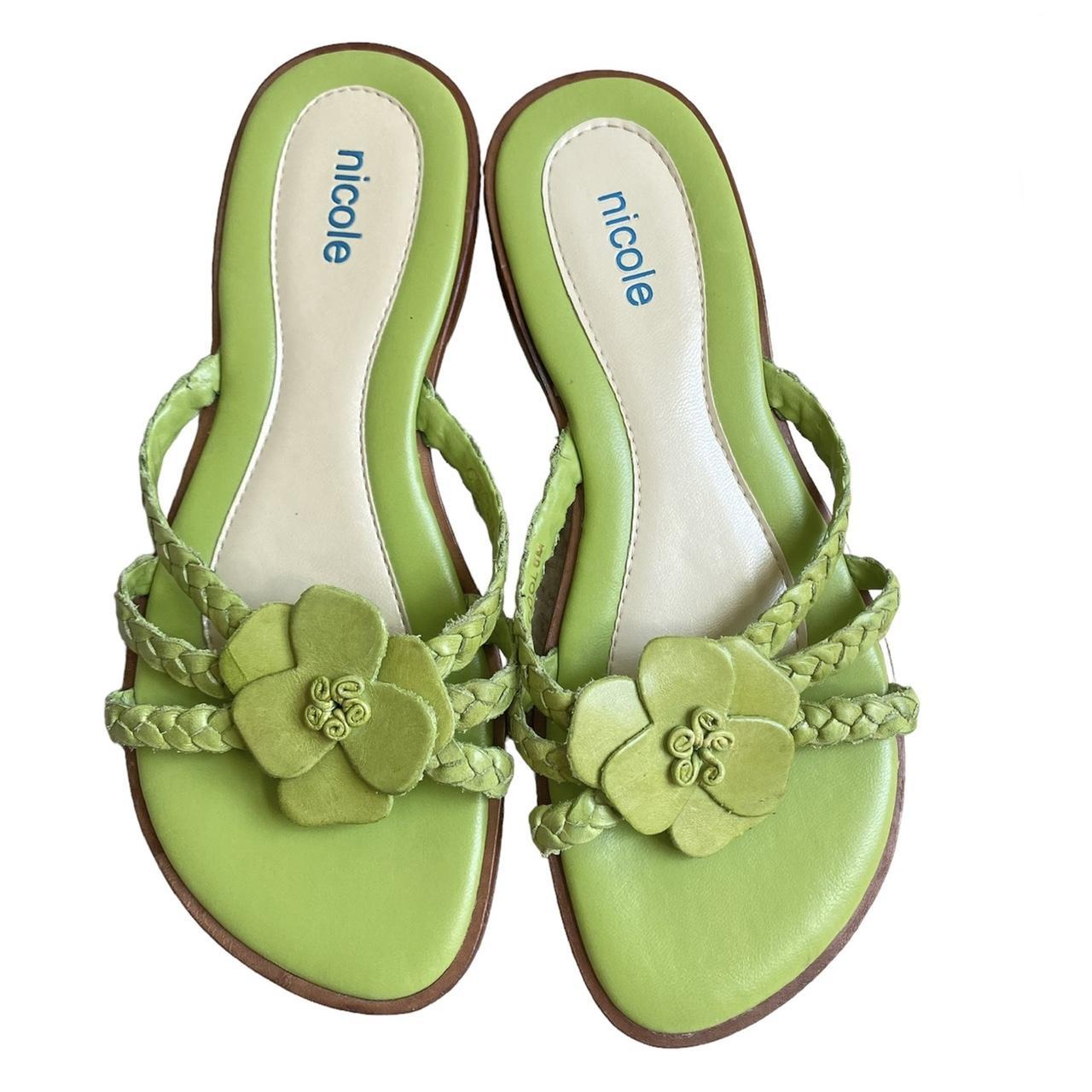 lime green flower sandal flats three strap braided... - Depop