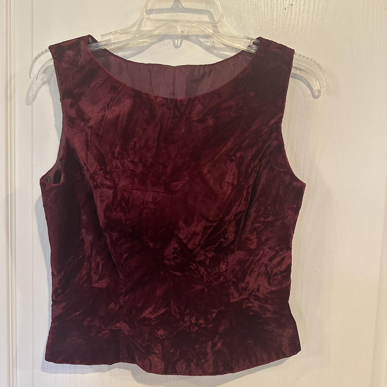 Vintage burgundy velvet sleeveless blouse. No size... - Depop